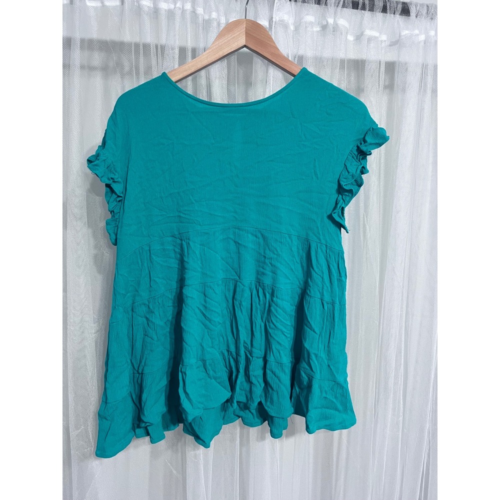 Jodifl Womens Teal Green Ruffle Cap Sleeve Tiered Babydoll Peplum Top Small